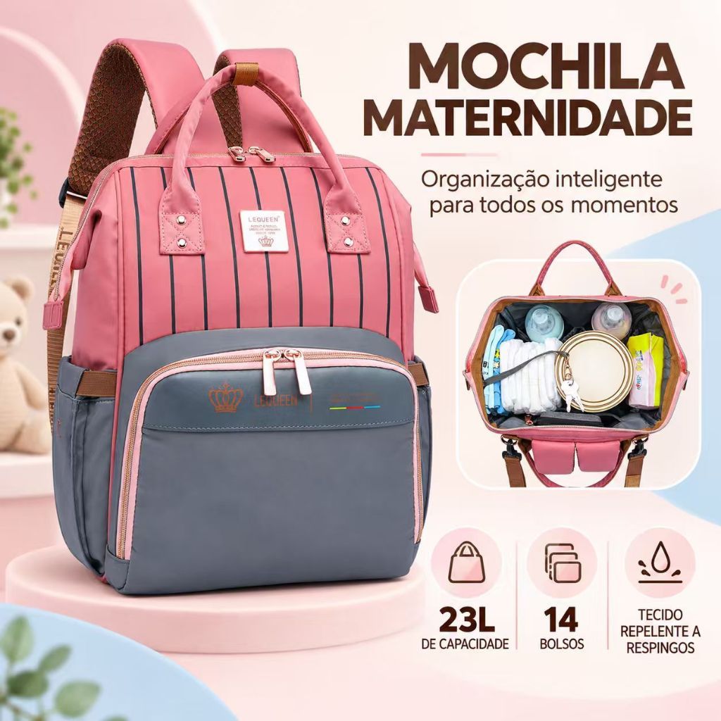 Mochila Maternidade Lequeen Rosa Espaçosa Bebê Original 23L