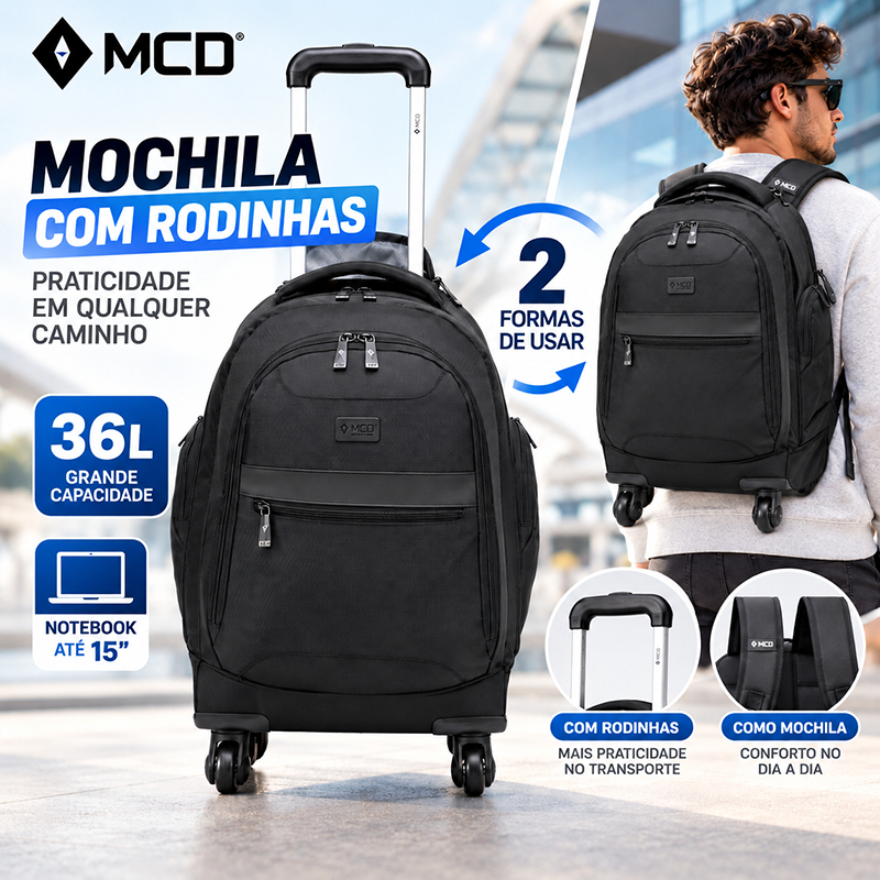 Mochila Mcd com Rodinhas Carrinho 36L para Notebook 15 Viagem — Bolsas e Mochilas