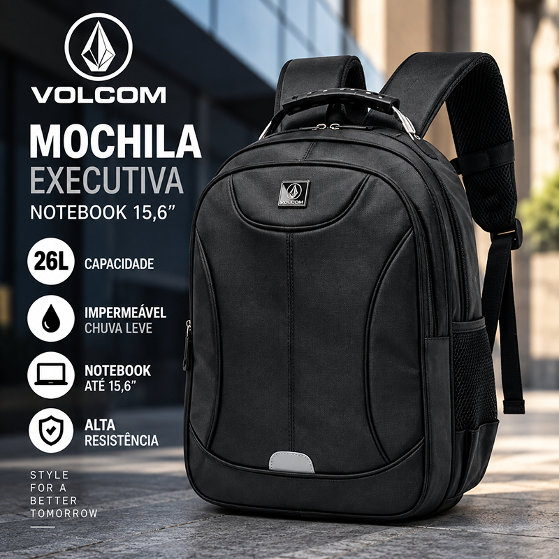 Mochila Volcom Masculina Executiva Notebook 15,6 Trabalho Reforçada — Bolsas e Mochilas
