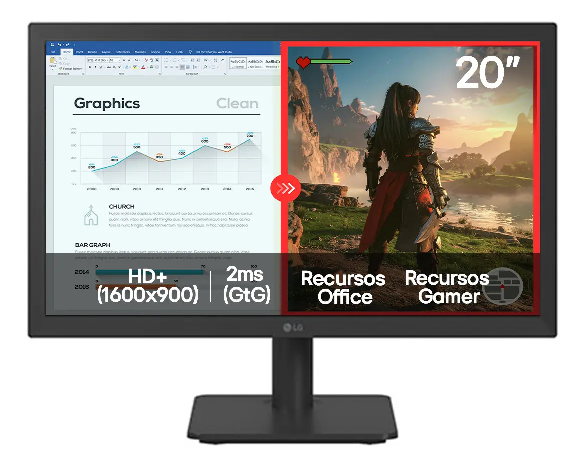 Monitor LG LED 20" HD+, 75Hz, 2ms, Hdmi Vga, Modo Leitura, Flicker — Informática