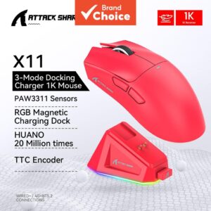 Mouse Gamer Attack Shark Leve, PAW3311, 3 modos RGB recarregável