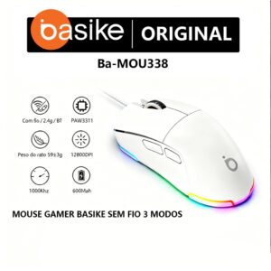 Mouse Gamer Basike Sem Fio 3 Modos Conexão Bluetooth 5.1, 2.4G e USB