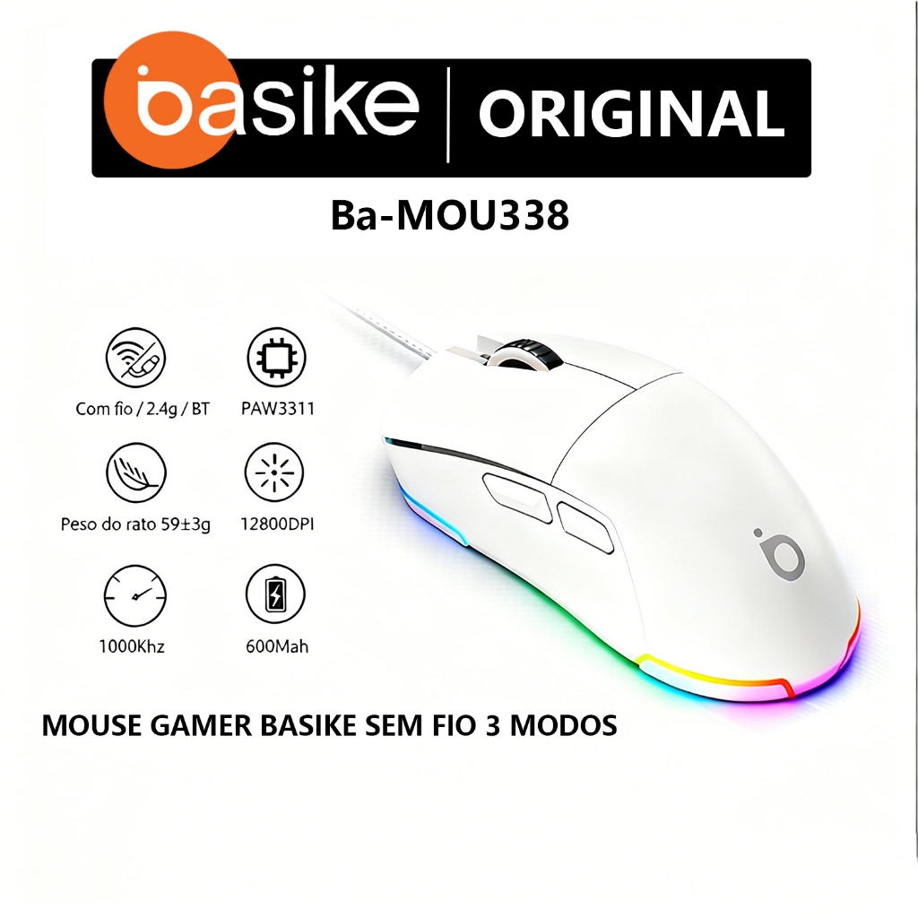 Mouse Gamer Basike Sem Fio 3 Modos Conexão Bluetooth 5.1, 2.4G e USB — Informática