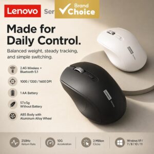 Mouse Lenovo N220 sem Fio Duplo Modo Bluetooth 5.1 e 2.4G Ergonômico