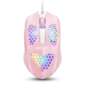 Mouse Rosa Gamer RGB Com Fio USB 1200 DPI LED Ergonômico Leve Exbom