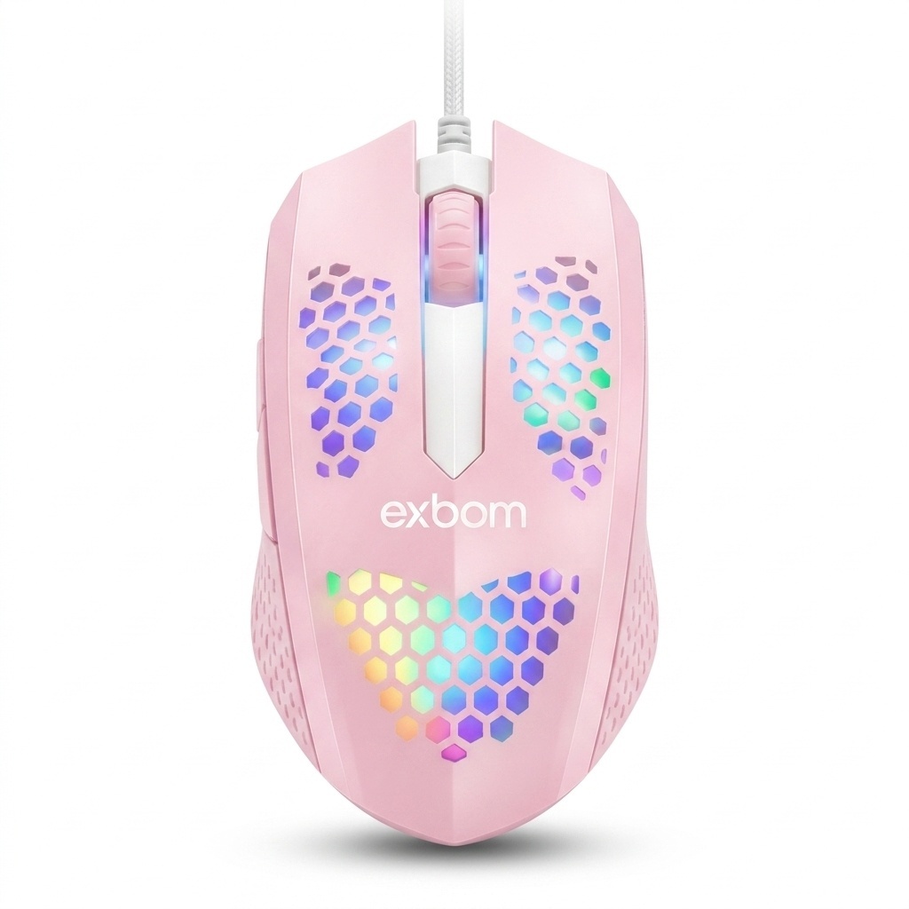 Mouse Rosa Gamer RGB Com Fio USB 1200 DPI LED Ergonômico Leve Exbom — Informática