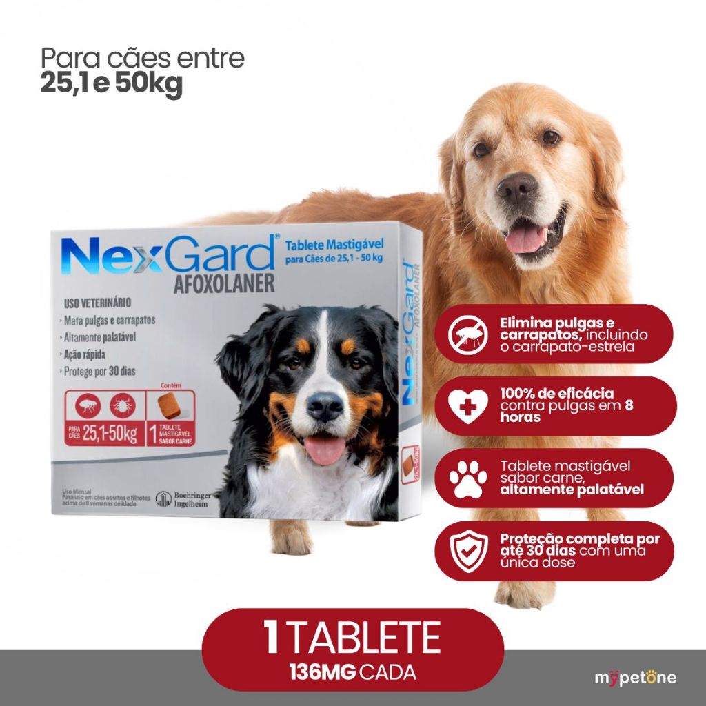NexGard 136 mg para Cães de 25,1 a 50 Kg 1 Tablete