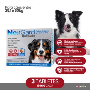 NexGard 136 mg para Cães de 25,1 a 50 Kg 3 Tabletes