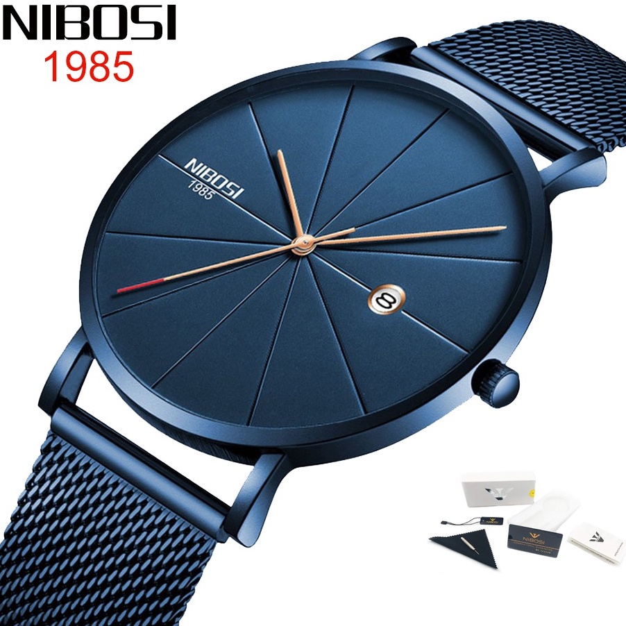 Nibosi Relógio com Pulseira Malha de Aço Inoxidável 30M à Prova