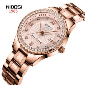 Nibosi Relógio feminino clássico de quartzo pulseira de aço