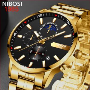 Nibosi Relógio Masculino Cronógrafo Dourado, Fase Da Lua, Data