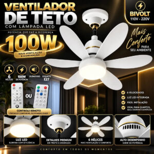 Novo Ventilador Teto 100W 6 Hélices com Controle Ajustável Bivolt