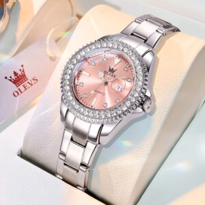 Olevs Relógio Feminino Quartzo Rosa Cristais Luxo Diamantes presente