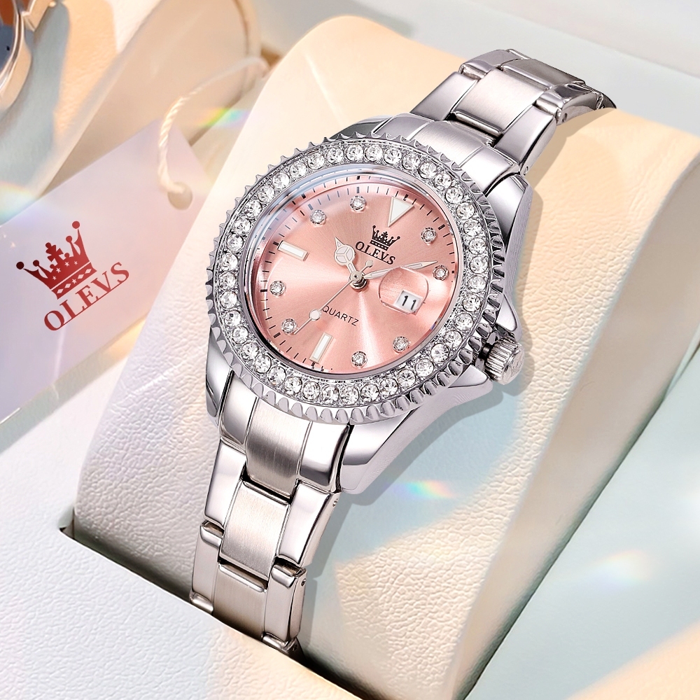 Olevs Relógio Feminino Quartzo Rosa Cristais Luxo Diamantes presente