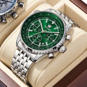 Olevs Relógio Masculino Cronógrafo Mostrador Verde Pulseira Aço