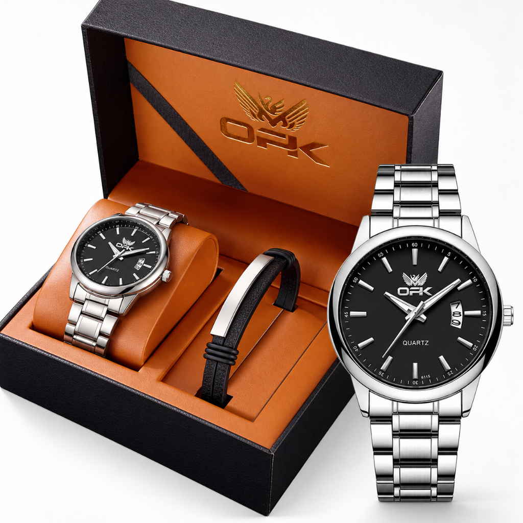 Opk Relógio Masculino Quartzo Luxo Preto Aço Inoxidável+Pulseira