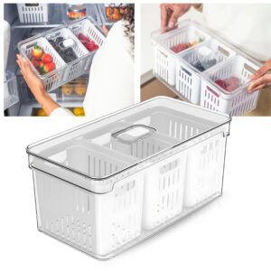 Organizador de Geladeira 5L com 3 Cestos Ou Natural Tampa Porta