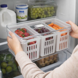Organizador Geladeira 5L Acrílico Transparente Tampa Cesto Triplo