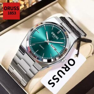 Oruss Marca Original Masculino Aço Inoxidável Calendário Duplo