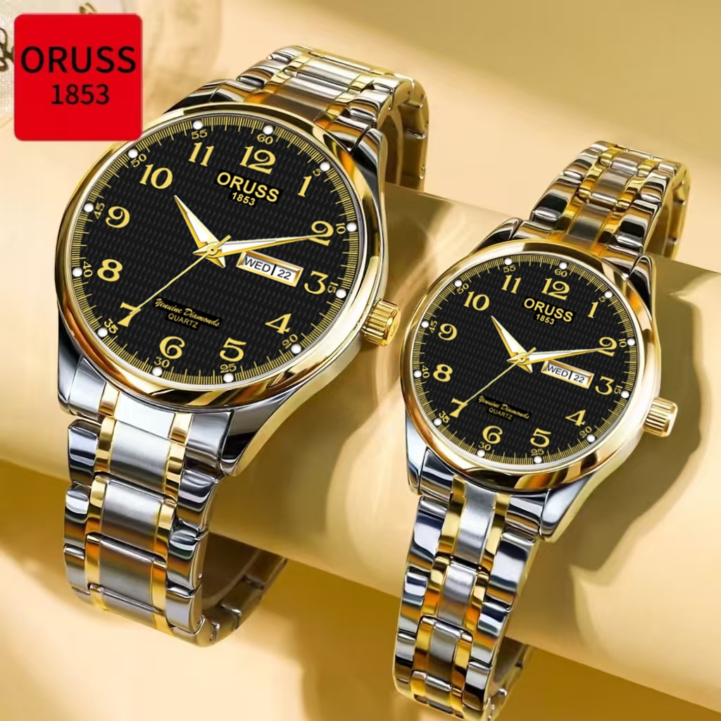 Oruss Original 2 Pcs Casal Calendário Duplo Aço Inoxidável Luxo — Relógios e Óculos