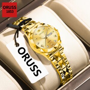 Oruss Original Feminino Aço Inoxidável Luxo Calendário Duplo Moda