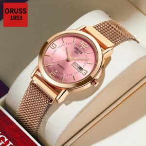 Oruss Original Feminino Calendário Duplo Aço Inoxidável Luxo Luminoso
