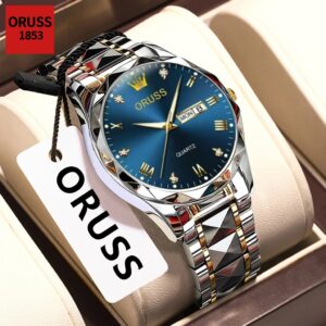 Oruss Original Masculino Aço Inoxidável Calendário Duplo Luminoso