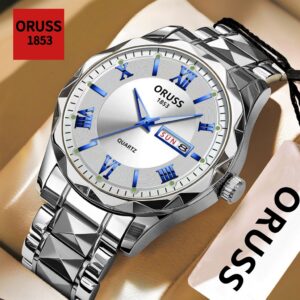 Oruss Original Masculino Aço Inoxidável Calendário Duplo Luxo