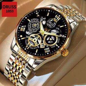 Oruss Original masculino aço inoxidável oco calendário de luxo