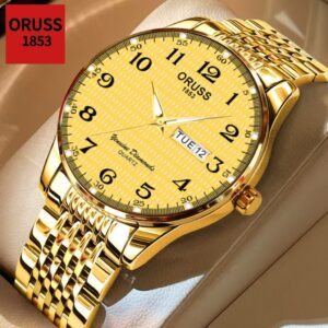 Oruss Original masculino aço inoxidável ouro luxo duplo calendário