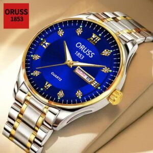 Oruss Original masculino calendário duplo aço inoxidável luxo ouro