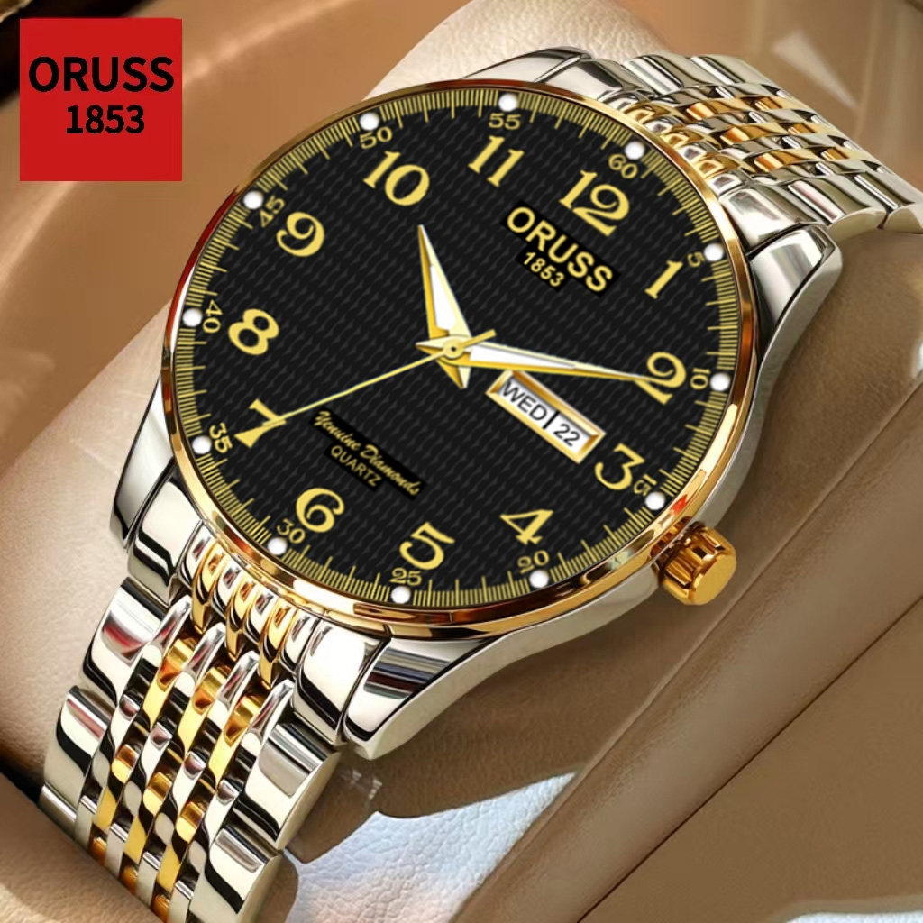 Oruss Original masculino calendário duplo luxo aço inoxidável