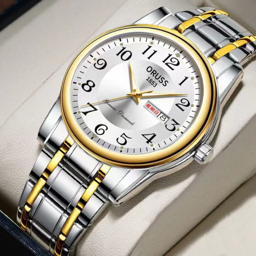 Oruss Original Masculino Feminino Aço Inoxidável Calendário Duplo À
