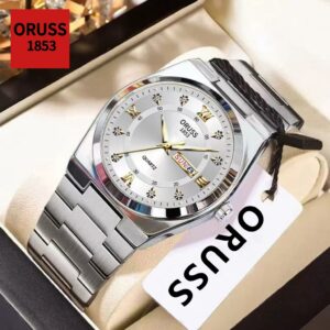 Oruss Original Masculino Luxo Aço Inoxidável Calendário Duplo