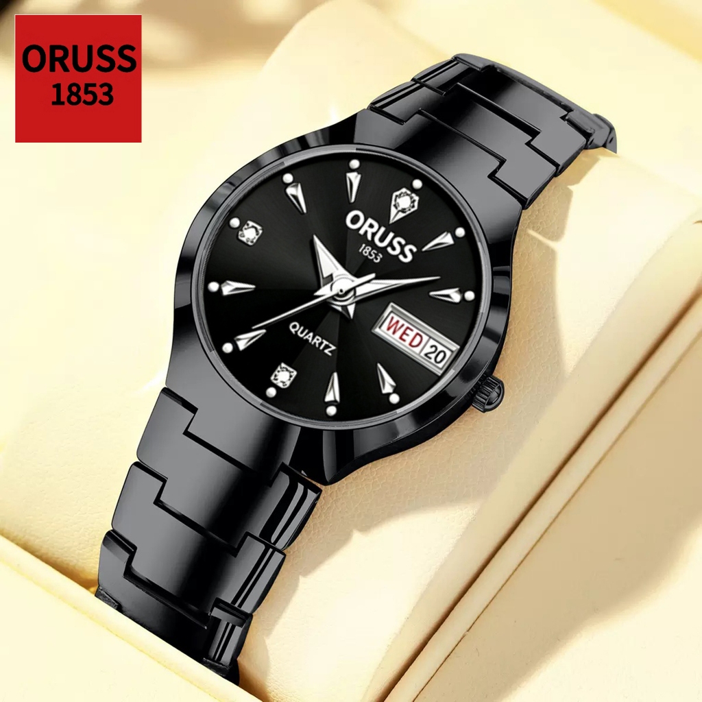 Oruss Original Masculino Luxo Aço Inoxidável Calendário Duplo