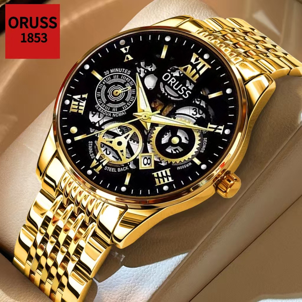 Oruss Original masculino luxo oco aço inoxidável calendário de ouro