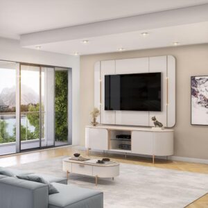 Painel e Bancada TV 65″ 2 Portas Deep Luminárias Douradas Pés