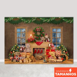 Painel Fundo de Natal Decoração Cenário Natalino Lareira Ursos de