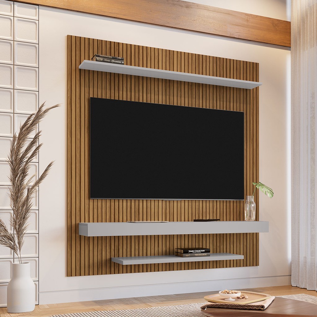 Painel para TV Até 60 Polegadas Mianmar 2 Prateleiras Ripado 3d
