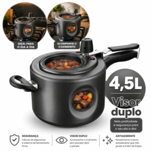 Panela de Pressão 4,5L Antiaderente com Visor Duplo de Vidro na Tampa