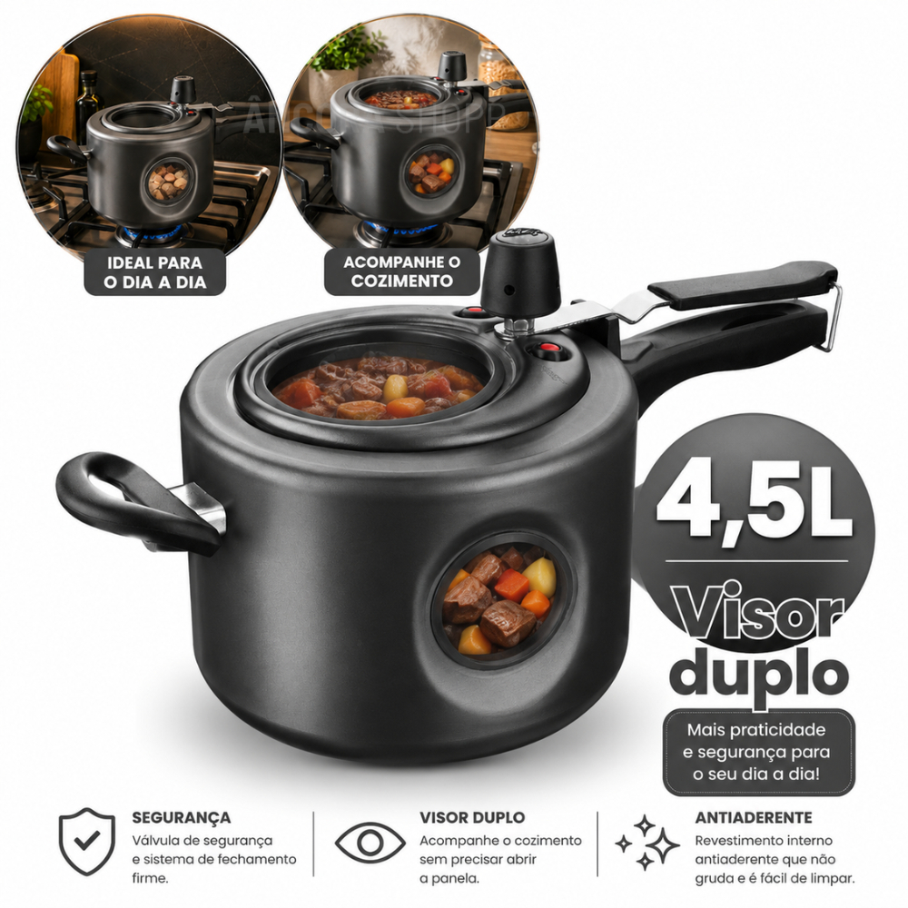 Panela de Pressão 4,5L Antiaderente com Visor Duplo de Vidro na Tampa — Cozinha e Utensílios