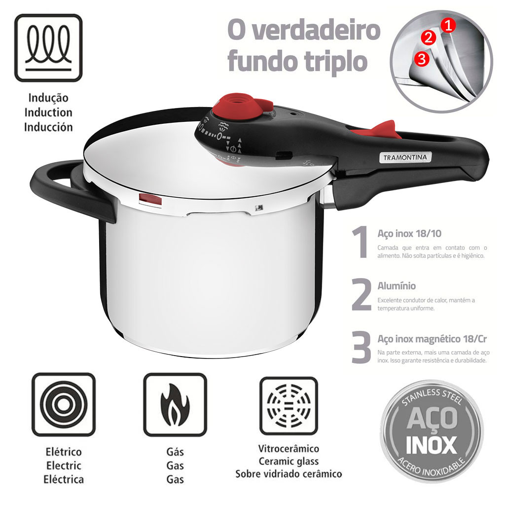 Panela de Pressão Tramontina Solar 6 Litros Aço Inox Fundo Triplo 5