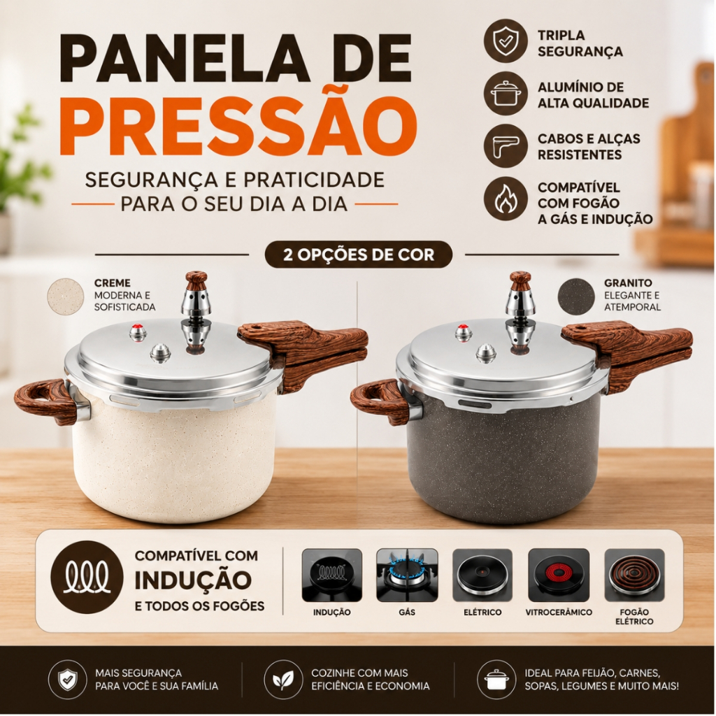 Panela Pressão Cerâmica Granito Indução 4,2L 3 Válvulas Segurança
