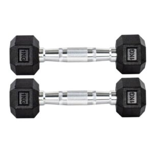 Par Halteres 1kg +1kg Dumbbell Sextavado Emborrachado Pegada Cromada
