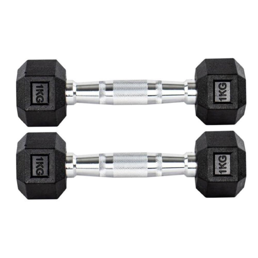 Par Halteres 1kg +1kg Dumbbell Sextavado Emborrachado Pegada Cromada — Fitness e Musculação