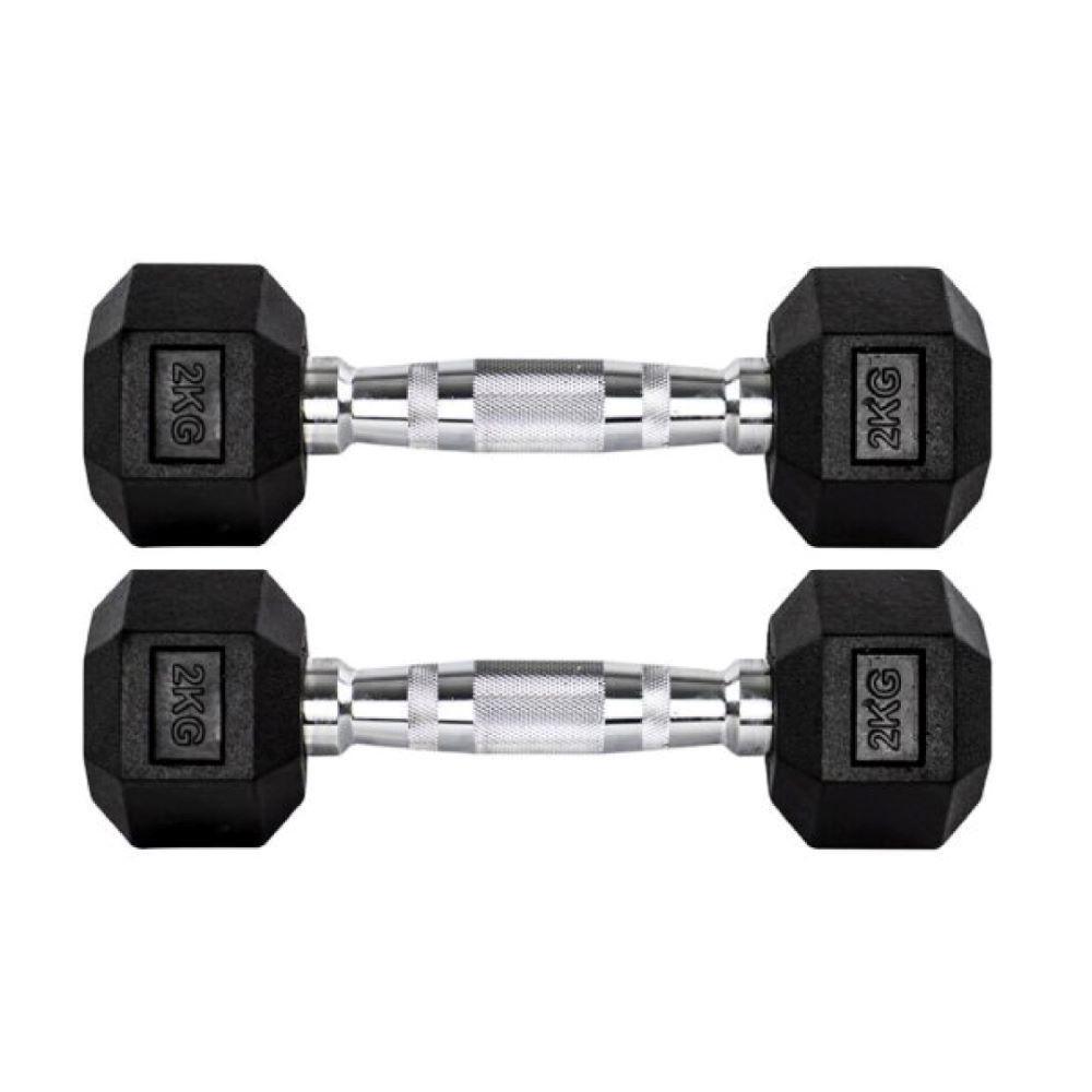 Par Halteres 2kg +2kg Dumbbell Sextavado Emborrachado Pegada Cromada — Fitness e Musculação