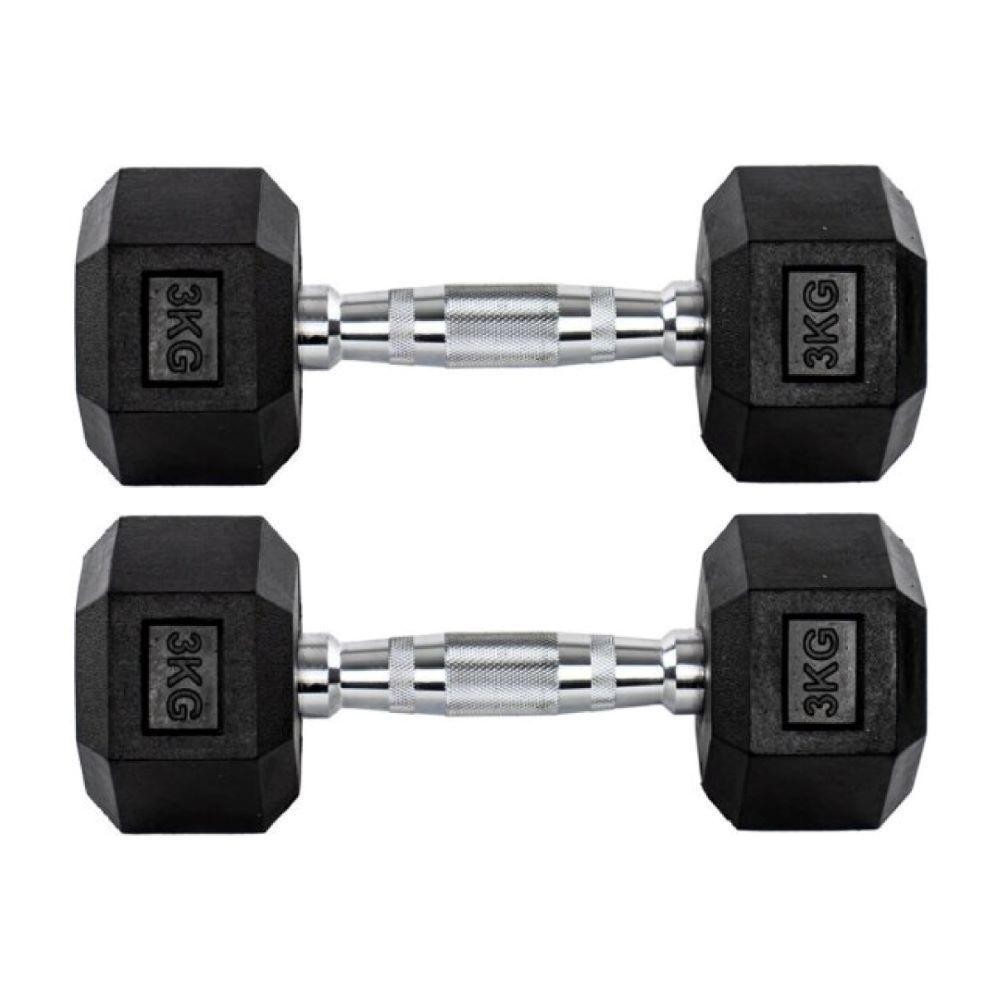 Par Halteres 3kg 3kg Dumbbell Sextavado Emborrachado Pegada Cromada — Fitness e Musculação