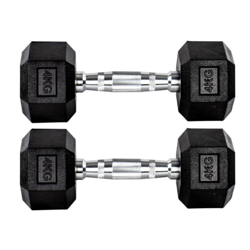 Par Halteres 4kg 4kg Dumbbell Sextavado Emborrachado Pegada Cromada — Fitness e Musculação