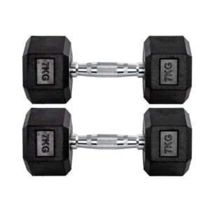 Par Halteres 7kg 7kg Dumbbell Sextavado Emborrachado Pegada Cromada