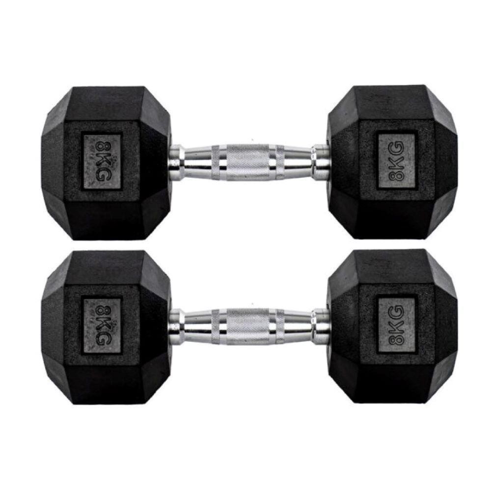 Par Halteres 8kg 8kg Dumbbell Sextavado Emborrachado Pegada Cromada
